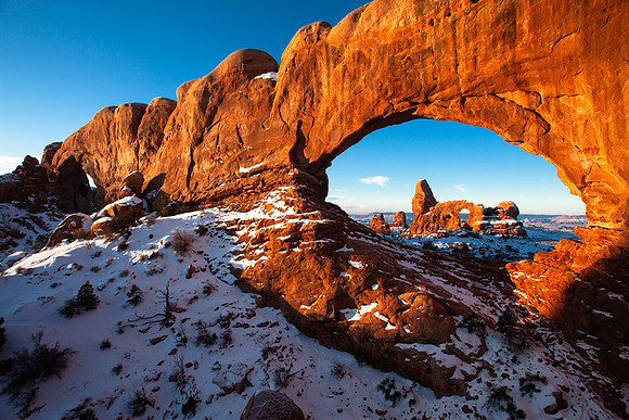 First Light on Turret Arch Framed by North Window - Wide