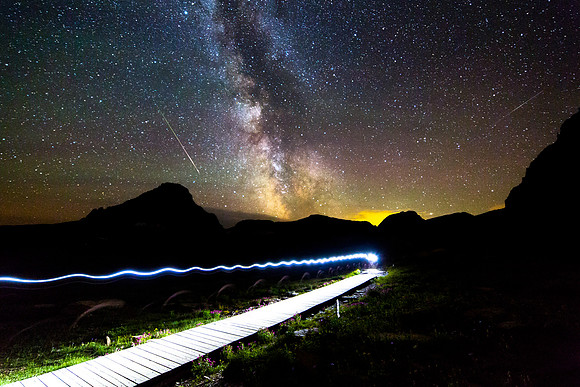 Hiker Under Milky Way and Meteors