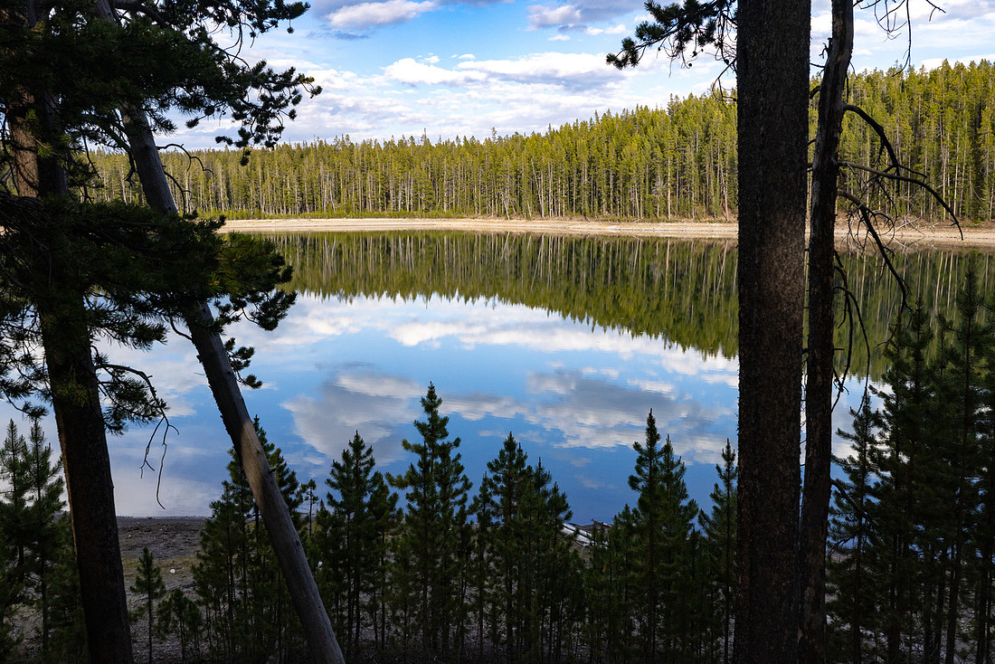 Afternoon reflections on Mary Lake through the trees