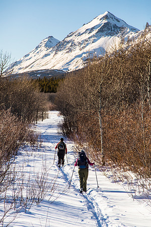 Skiers and Summit and Little Dog Mountains