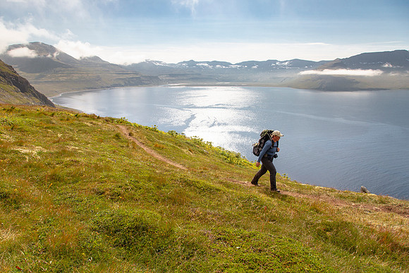 Corrie Climbing up the Horn overlooking Hornvik