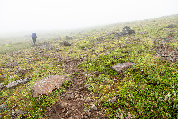 Hiking to Hloduvik in the clouds