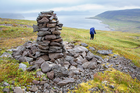 Corrie hiking down to Hesteyri from the pass