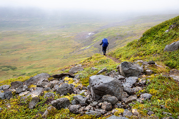 Corrie on the trail down to Hesteyri