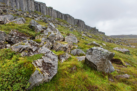 Gerðuberg basalt columns with hiker