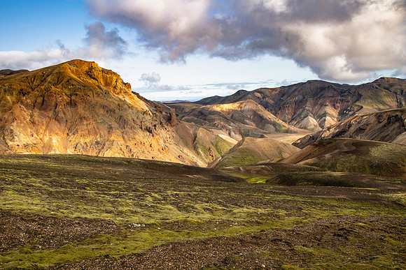 Morning light on the colorful formations of the Laugavegur Trail
