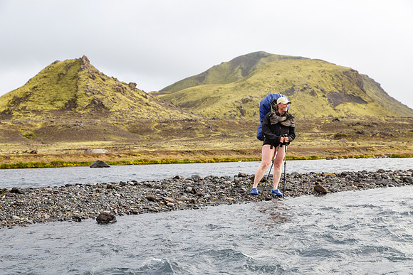 Corrie in her crocs crossing near Hvanngil