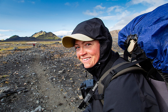 Corrie smiling on the trail to Emstrur from Hvanngil