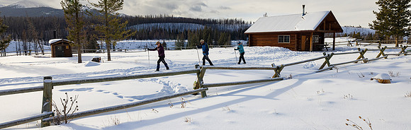 Crandall Creek Cabin Winter Ski Trip: skiers at the cabin