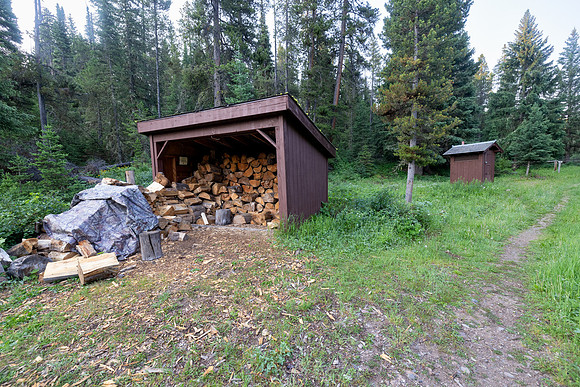 Custer Gallatin NF Mystic Lake Cabin: wood shed and outhouse