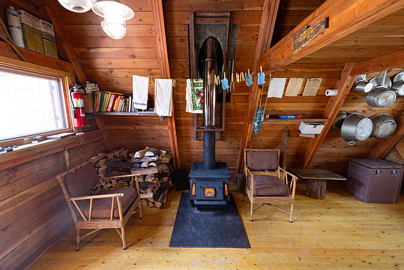 Cove Patrol Cabin: interior views wood stove