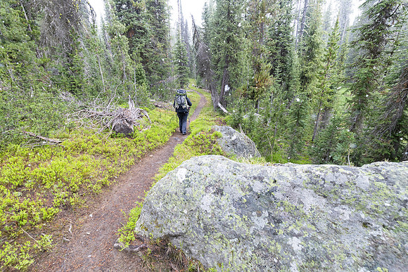 Backpacker in a summer snow storm near Grants Pass