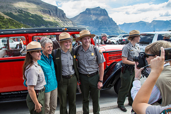 Secretary Jewell and Rangers at Logan Pass