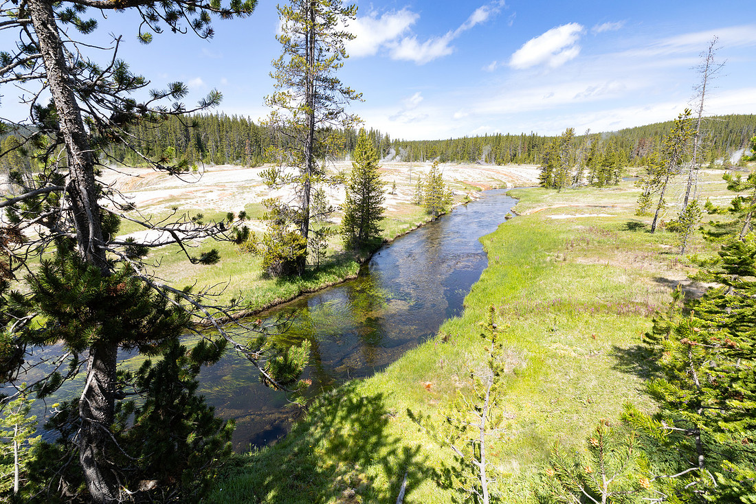 Shoshone Geyser Basin: Shoshone Creek and North Group steaming i
