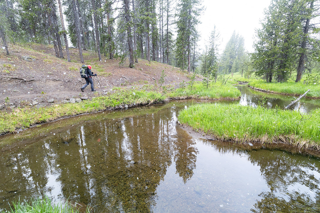 Backpacker near a riparian area along the South Shore Shoshone L