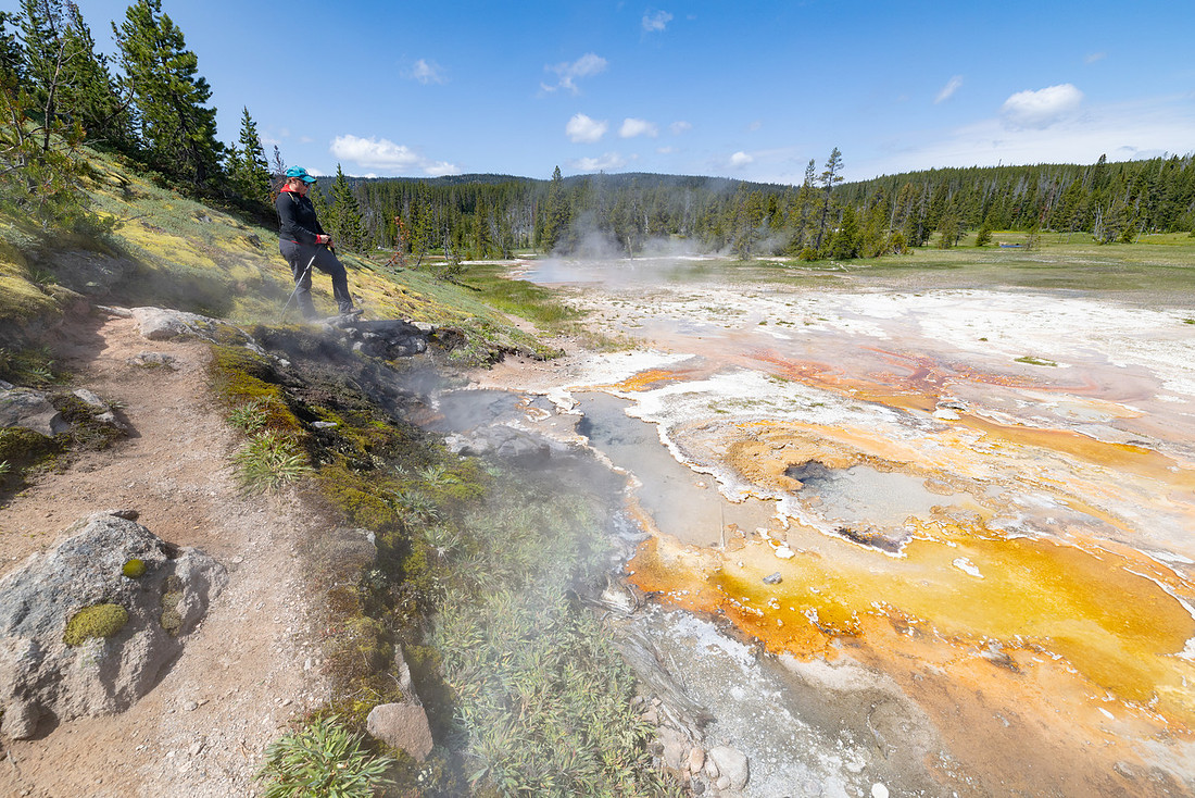 Shoshone Geyser Basin: Hiker views the Little Giant Group from t